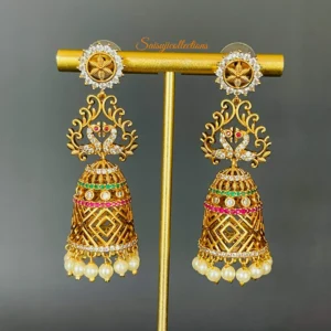 Imitation Gold CZ and Multistone Peacock Long Jhumka