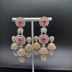 Beautiful Diamond Finish AD And Pink Stone Earrings