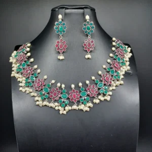 Beautiful Green And Ruby Flower Oxidised Necklace Set With Earrings