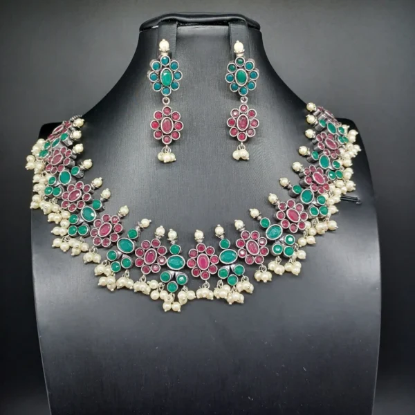 Beautiful Green And Ruby Flower Oxidised Necklace Set With Earrings