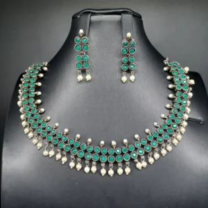 Beautiful Emerald Stone Oxidised Necklace Set With Earrings