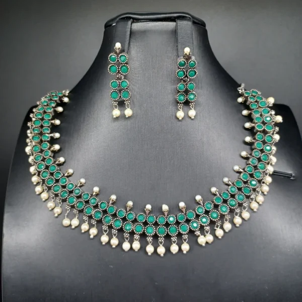 Beautiful Emerald Stone Oxidised Necklace Set With Earrings