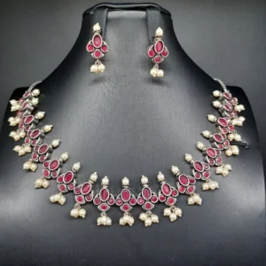 Beautiful Oxidised Ruby Stone Necklace Set With Earrings