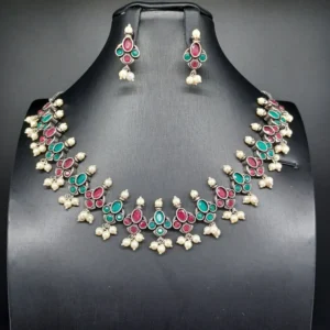 Beautiful Multi Stone Oxidised Necklace Set With Earrings