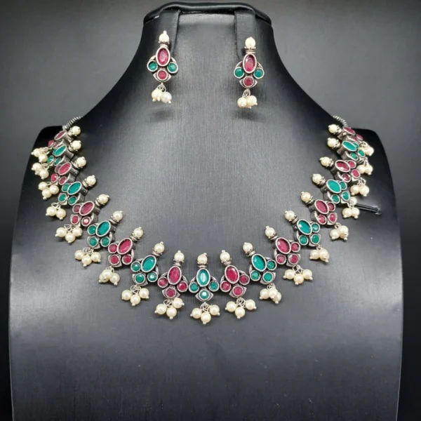 Beautiful Multi Stone Oxidised Necklace Set With Earrings