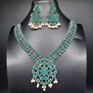 Beautiful Oxidised Green Stone Necklce Set With Earrings