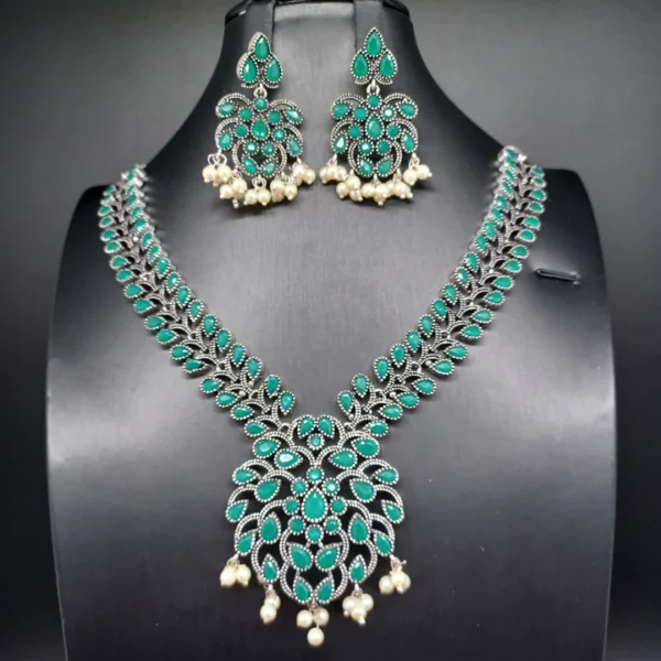 Beautiful Oxidised Green Stone Necklce Set With Earrings