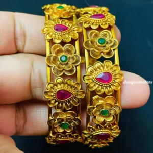 Beautiful Matt Finish Flower and Multi Stone 2 set Bangles size 2.8